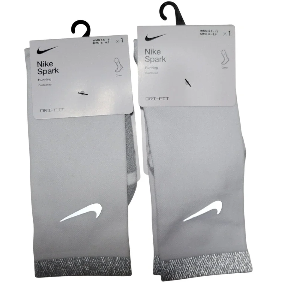 Nike Spark Cushioned Running Crew Socks Women 9.5-11 Men 8-9.5 White 2 Pair NEW